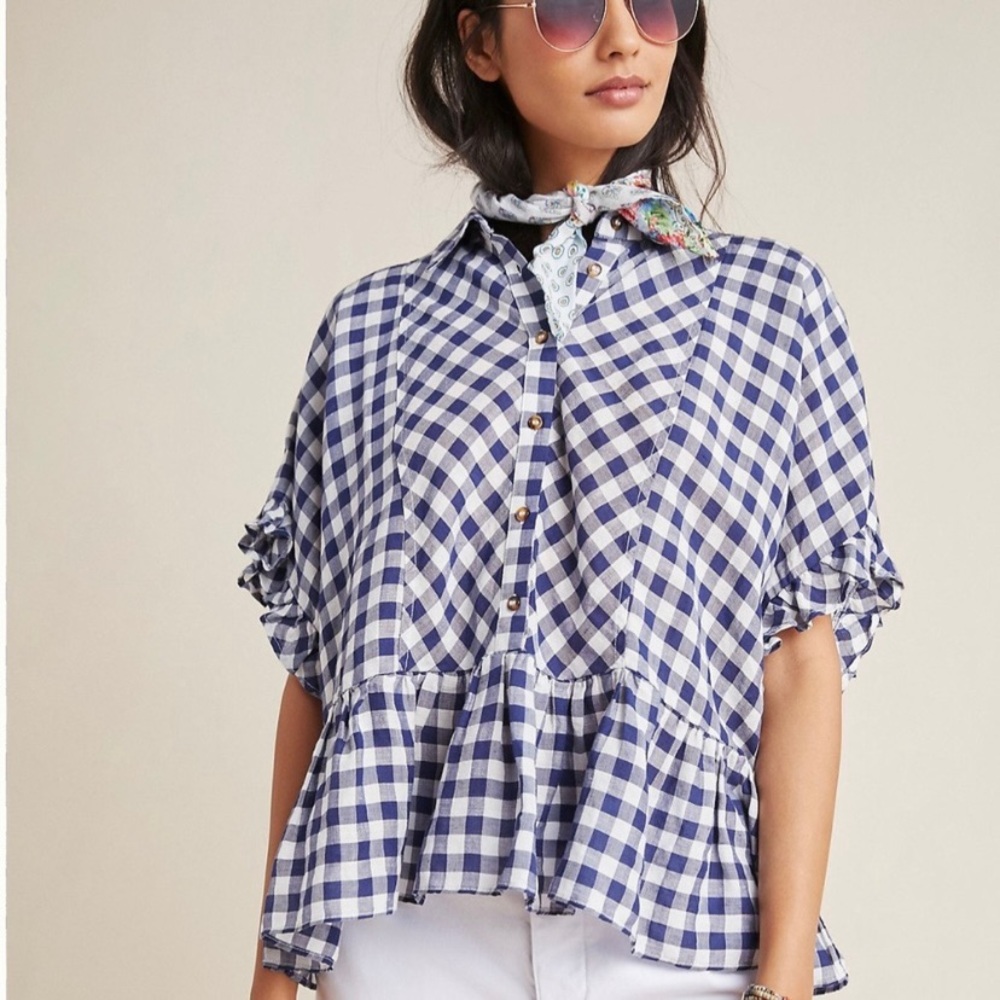 Maeve Flounced Gingham Checkered Ruffle Blouse